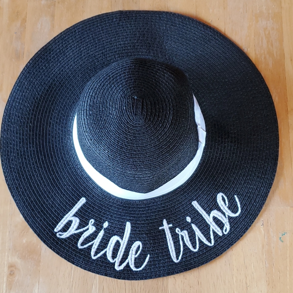 Bride Tribe Wide Brimmed Straw Hat Black White